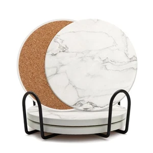 Coaster Set of 4 Drink Coasters with Holder Absorbent Ceramic for Dining Table - Picture 1 of 8