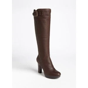 UGG savoie brown leather fur lined heeled boots knee high 9.5 - Picture 1 of 8