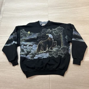 Vintage Art Unlimited Bald Eagles Nature Black Sweatshirt Sz Large Double Sided - Picture 1 of 11