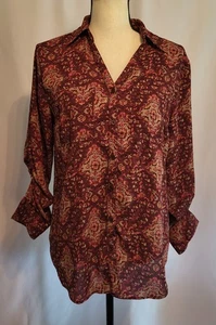 Damen Roll-Tab Top Tunika Button Down Shirt Boho Print Weinrot 70er Style Maurices S - Bild 1 von 10