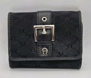 Portafoglio Etienne Aigner Trifold Pelle Jacguard Logo A Porta Carte Nero Vintage - Foto 1 di 10