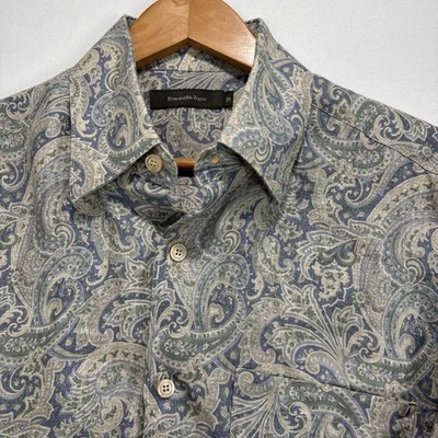 Ermenegildo Zegna Button Shirt Mens M GreenPaisley 100% Linen Lightweight Shirt - Image 1 of 4