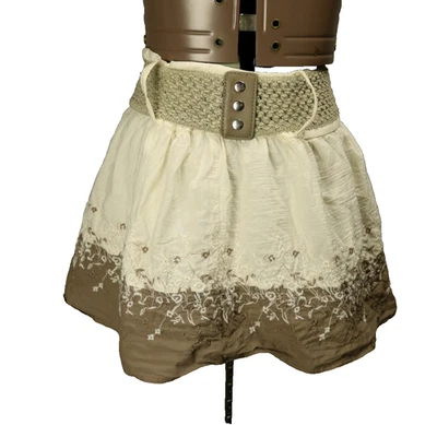 Rue 21 100% Cotton Floral Embroidered Belted Mini Skirt Cream & Brown S - Image 1 of 4