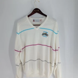 Vintage Olds Mobile Scramble Walt Disney Striped V-Neck Sweater White Size XL - Bild 1 von 9