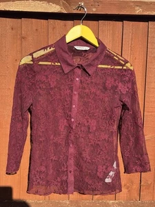 Stradivarius Womens Shirt Burgundy Red Sleeved Sheer Lace Long Sleeve Button Top - Picture 1 of 3