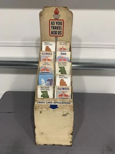 ORIGINAL STANDARD OIL MAP HOLDER W/ AS YOU TRAVEL ASK US AND FLAME GAS OIL SIGN - Picture 1 of 10