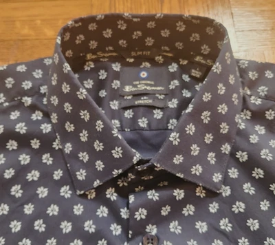 BEN SHERMAN рубашка мужская 16-16,5 x 34/35 тонкий эластичной, темно-синий цветочный, $118 новый - Изображение 1 из 4