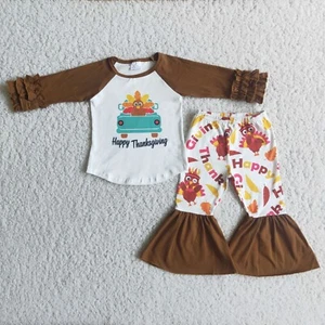 Happy Thanksgiving Day Toddler Girls Thankful Gobble Ruffle Pants Outfit - Picture 1 of 19