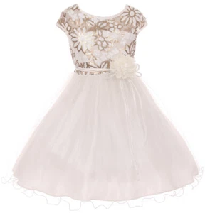 Ivory Gold SZ 12 14 Cap Sleeve Sequin Tulle Special Occasion Flower Girl Dress - Picture 1 of 6