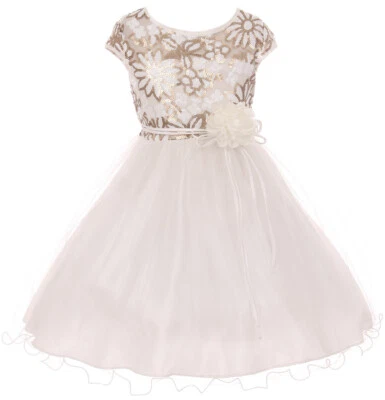 Vestido Niña Florero Ocasión Especial Tul Lentejuelas Manga Casquillo Marfil Dorado Talla 12 14 Foto 1 de 4