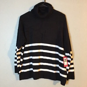 New Vince Camuto Large Striped Turtleneck Sweatshirt Black White Long Sleeve - Picture 1 of 6