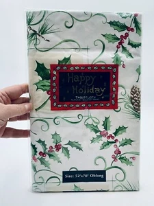 Happy Holiday Vinyl Christmas Tablecloth 52 X 70 Oblong Poinsettia Holly Berries - Picture 1 of 5