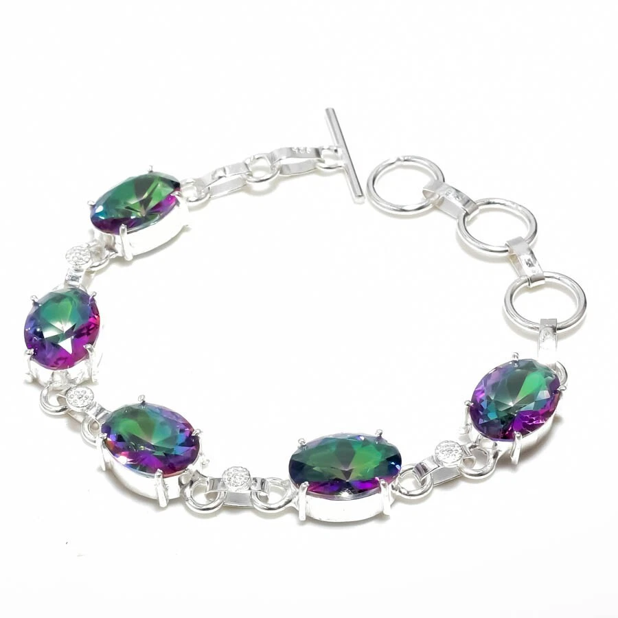 Mystic Topaz Gemstone Handmade 925 Sterling Silver Jewelry Bracelet Sz 7-8" - Image 1 of 1