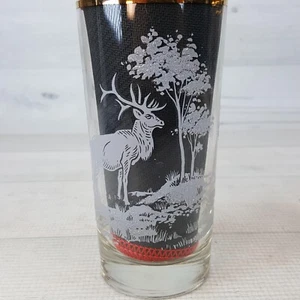 Vintage Highball Glass Set 2 White Textured Buck Deer Trees Forest Scene w Gold - Picture 1 of 11