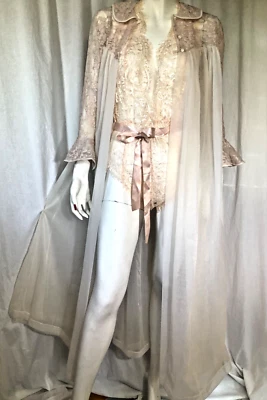 Bata vintage moca Peignoir cuello de encaje gasa barrido manga 3/4 transparente S/P Foto 1 de 4