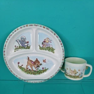 Vintage Disney Bambi Thumper Flower Divided Childs Plate Cup Selandia Melamine - Picture 1 of 8