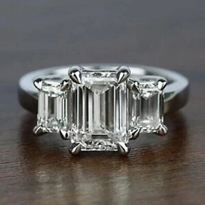 5.5 Ct Emerald Cut Zirconia Three Stone Engagement Ring Gift 925 Sterling Silver - Picture 1 of 6