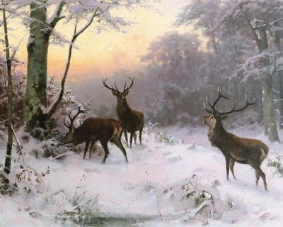 Antiguo ciervo en un bosque nevado paisaje pintura impresión giclee en papel de bellas artes Foto 1 de 4