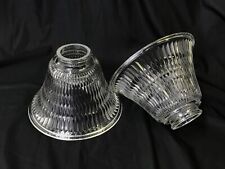 Pair Vtg Holophane Style Glass Lamp Shades Ribbed Prismatic Pendant 2 1/4" x 6.5