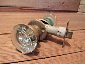 VINTAGE 1800's GLASS DOOR KNOBS WITH LATCH & BRASS DOOR PLATES - Picture 1 of 6