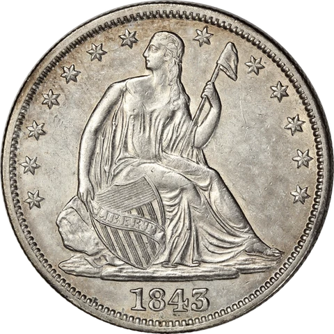 1843 Seated Liberty Half Dollar 50c,  Choice About Uncirculated Cover