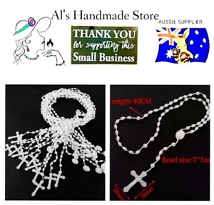 NECKLACE CRUCIFIX RELIGIOUS ROSARY BEADS JESUS PLASTIC WHITE 🇦🇺AUSSIE STOCK - Picture 1 of 1
