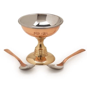 SUVIRA Handcrafted Ice Cream Bowl with Stand & 2Spoon, Copper & Stainless Steel - Picture 1 of 16