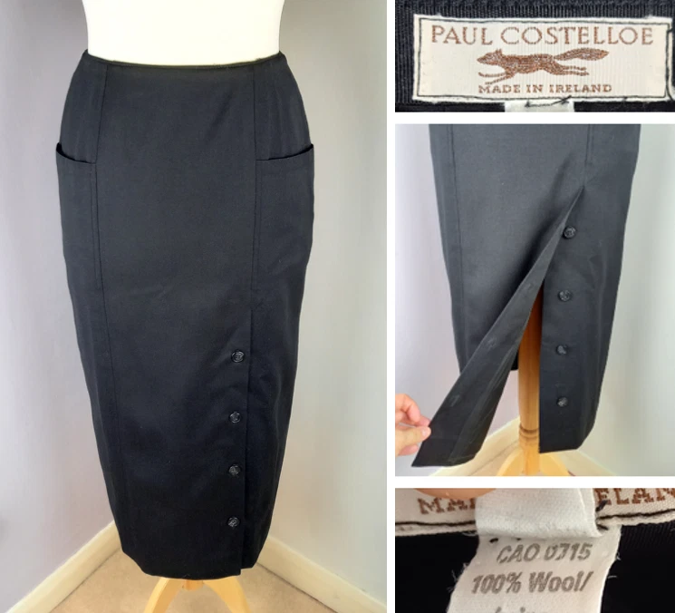 Paul Costelloe Black 100% Wool Button Front Midi Skirt - Approx. Size 10, W27 ½” - Image 1 of 4