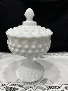 VTG  1950's Fenton Milkglass Hobnail 2pc Footed Candy Dish, 8.5” T X 5.25”W - Picture 1 of 6