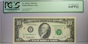 High Serial Number 1995 $10 PCGS Currency 64 PPQ Fr. 2031-E 99998502 - Picture 1 of 2