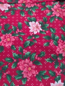 Red And Pink Pointsettia On Red Cotton Fabric (VIP Cranston) - Picture 1 of 3