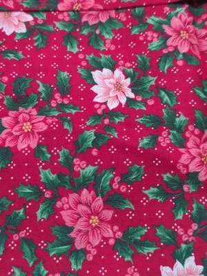 Red And Pink Pointsettia On Red Cotton Fabric (VIP Cranston) - Image 1 of 3