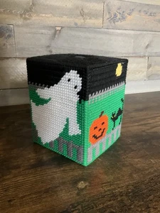Vintage Quadrat Handarbeit Halloween Taschentuch Box Halter Geist, Katze Jack o Laterne - Bild 1 von 3
