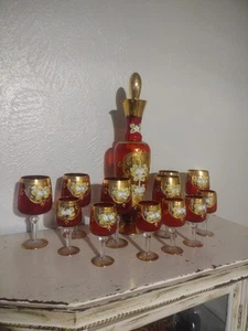 Vintage Venetian Murano Hand Painted, Decanter 24k Gold 13 Piece Set - Picture 1 of 3