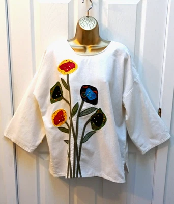 VTG NEIMAN MARCUS M ALFREDO’S WIFE ART BOHO CREME FLORAL APPLIQUE TUNIC BLOUSON - Image 1 of 4