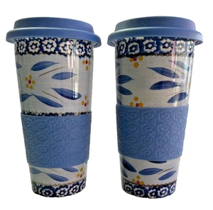2 TempTations by Tara 16 oz Travel Car Mug Tumbler Coffee Old World  7.5" - Blue - Picture 1 of 14