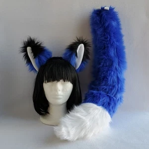 Blaue FUCHSOHREN pelziges STIRNBAND & Fuchsschwanz Set weiße Spitze Foxy Cosplay Halloween OOAK - Bild 1 von 6