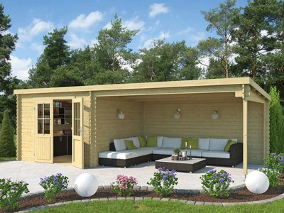 Gartenhaus Holzhaus Gartenlaube Blockhaus mit 4 m Anbau Naturbelassen Holz - Bild 1 von 4