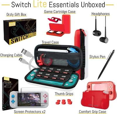 Nintendo Switch Lite Ultimate Essential Gaming Bundle Pack Red/White by Orzly - Image 1 of 4