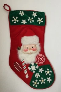 Vtg Velvet Christmas Stocking Puffy Santa Claus Candy Cane Snowflakes 19 Inch - Picture 1 of 5
