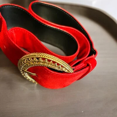 Vintage Liz Claiborne Medium Red Suede Belt Large Gold Tone Buckle 1989 80's 1.5 - Image 1 of 4