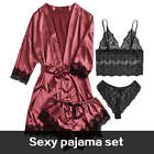Womens Fashion Pajama Set Print Sexy Lace Trim Faux Silk Satin