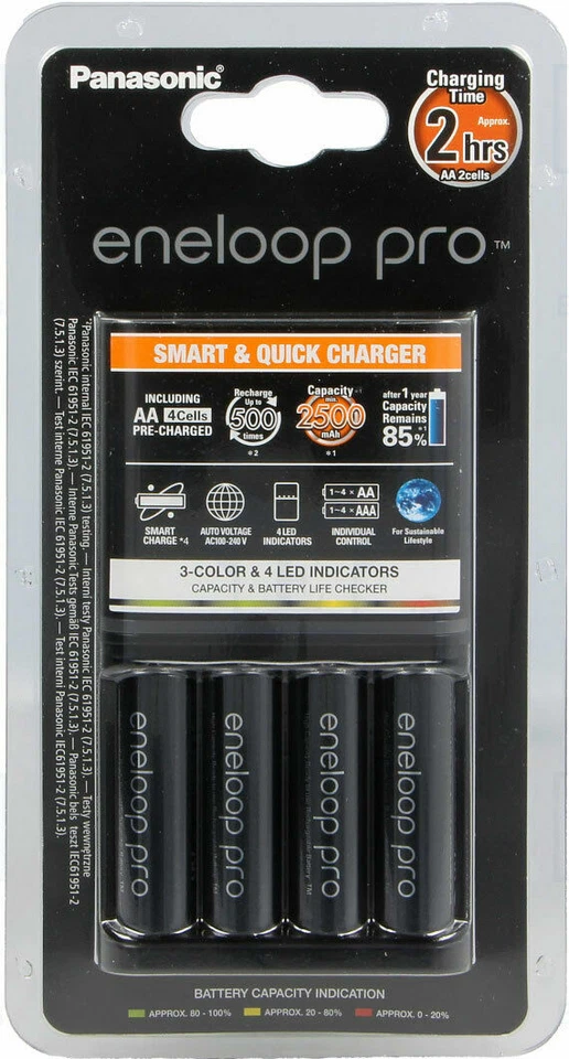 Panasonic eneloop Pro Smart & Quick Ladegerät + 4 Aa 2500 MAH Batterien BQ-CC55E - Bild 1 von 3