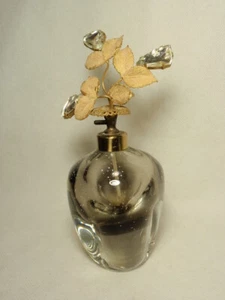 Vtg Clear Rhinestone Floral Filigree Top Smokey Gray Glass Perfume Bottle *As-Is - Picture 1 of 12