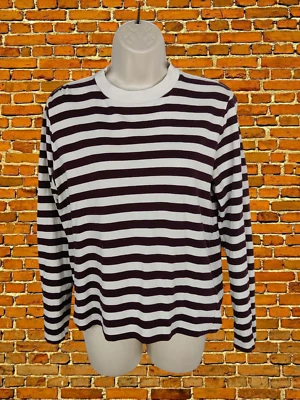 & OTHER STORIES BURGUNDY WHITE T-SHIRT SIZE UK6 COTTON WOMENS LONG SLEEVE STRIPE - Image 1 of 4