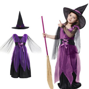 Witch Costume Girls Halloween Cosplay Party Kids Wizard Queen Fancy Dress Hat