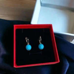 NWOT Natural Blue Turquoise Round Gemstone Beads Dangle Gold Leverback Earrings - Picture 1 of 12