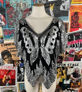 Vintage Embellished Beaded Sequin Glam Butterfly Silk Blouse Top Disco Small - Picture 1 of 18