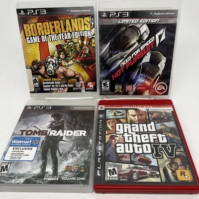 PS3 Lot: Borderlands, Hot Pursuit, Tomb Raider, GTA IV Video Games Bundle - Image 1 of 4