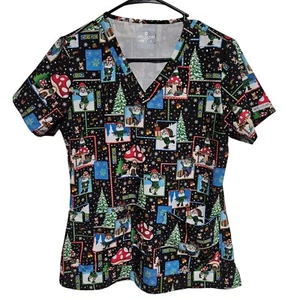 Med Couture Christmas Scrub Top Womens Size Small Santa Holiday Medical Nursing - Picture 1 of 5